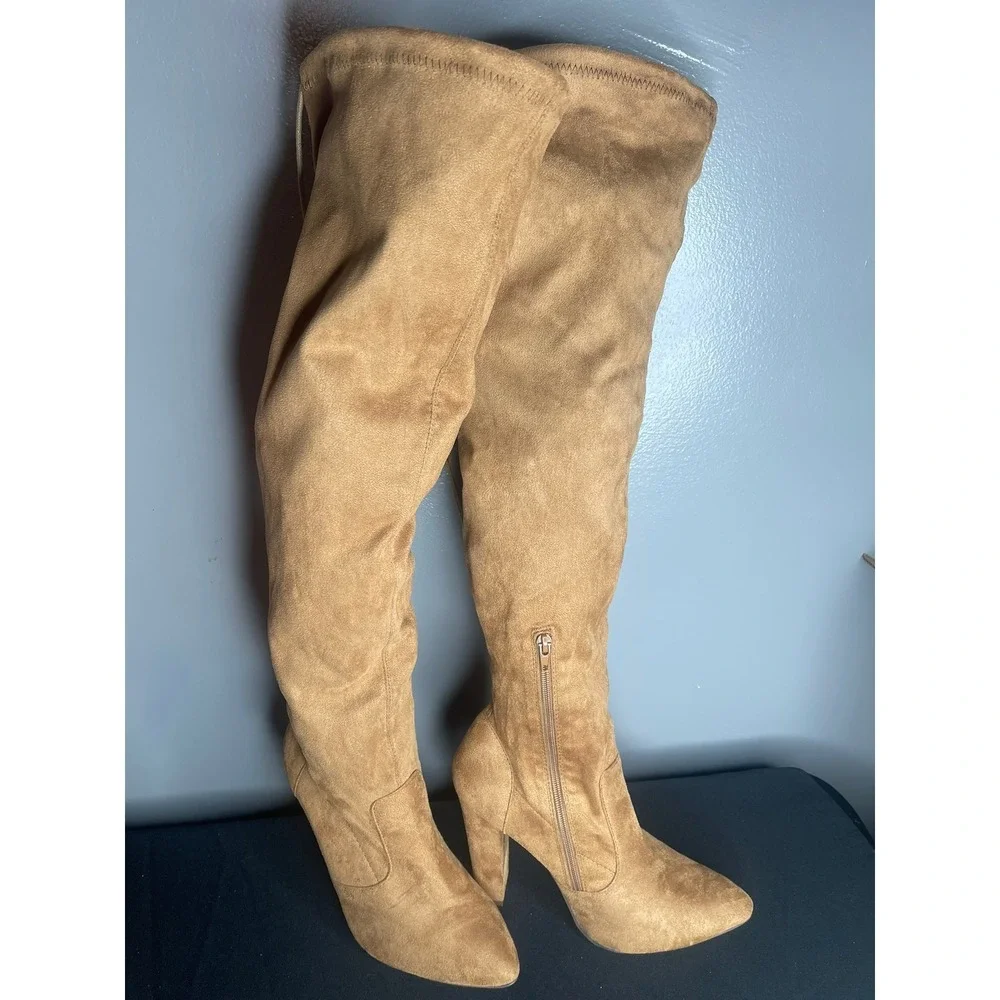 JustFab Cara WW-WC Tan Faux Suede Thigh High Over The Knee Block Heel Boots 8.5W